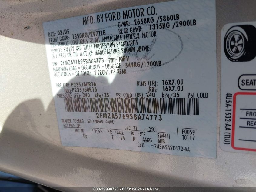 2005 Ford Freestar Ses VIN: 2FMZA57695BA74773 Lot: 39998720