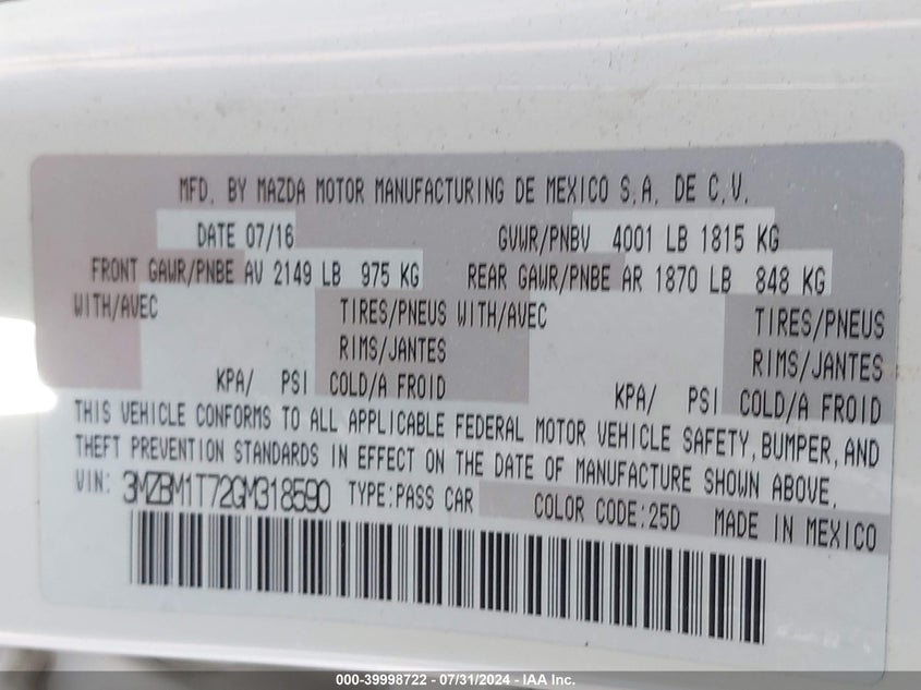 2016 MAZDA MAZDA3 I SPORT - 3MZBM1T72GM318590