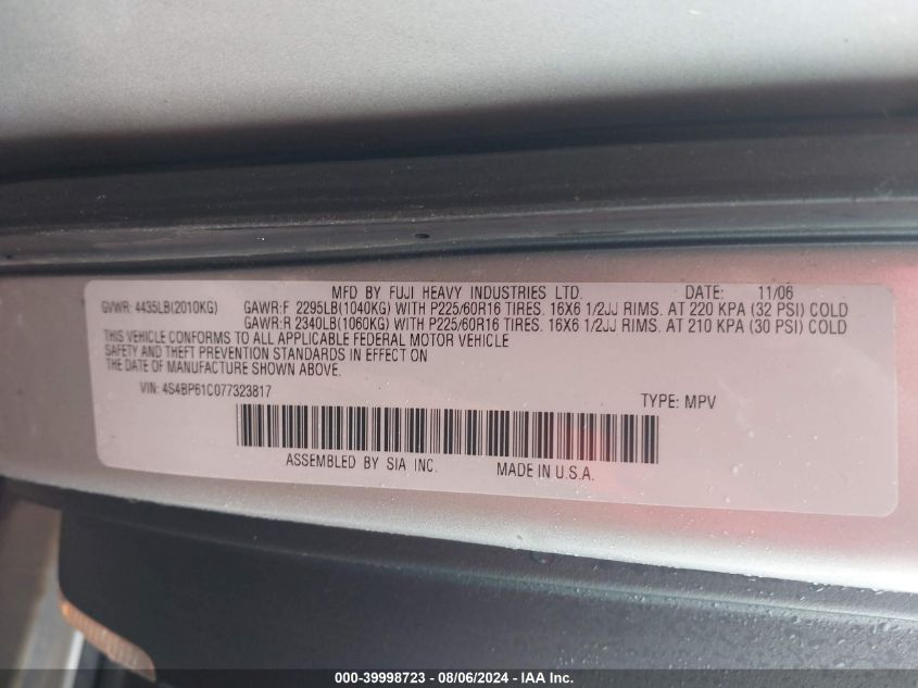 2007 Subaru Outback Outback 2.5I VIN: 4S4BP61C077323817 Lot: 39998723