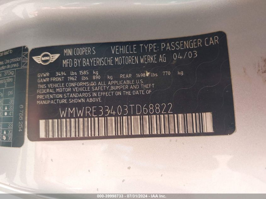 2003 Mini Cooper S VIN: WMWRE33403TD68822 Lot: 39998733