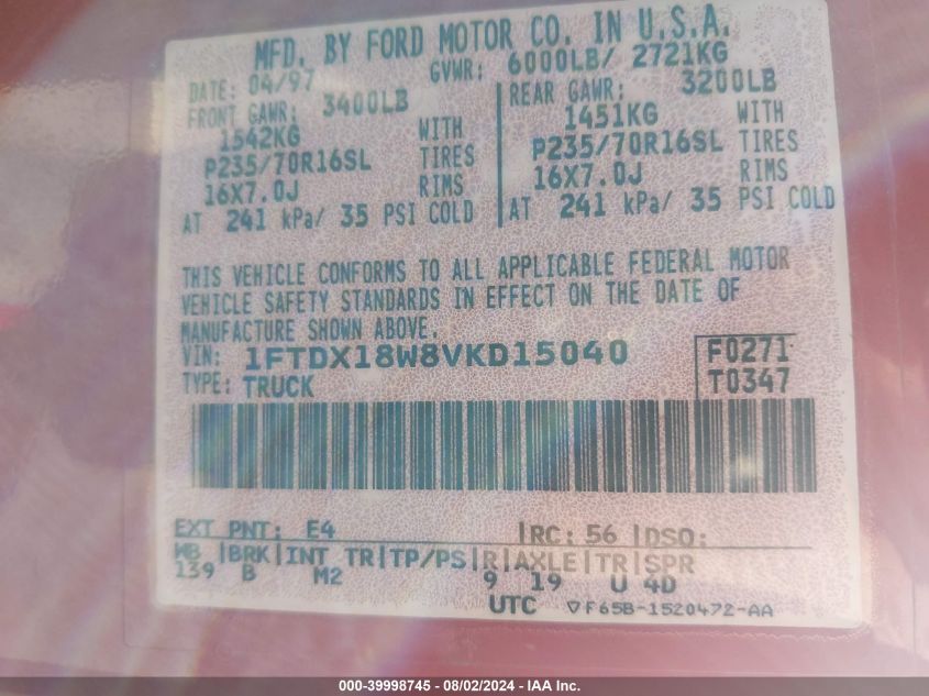 1997 Ford F-150 Lariat/Xl/Xlt VIN: 1FTDX18W8VKD15040 Lot: 39998745