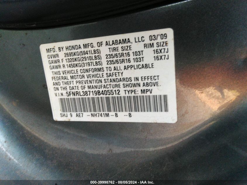 2009 Honda Odyssey Ex-L VIN: 5FNRL38719B405512 Lot: 39998762