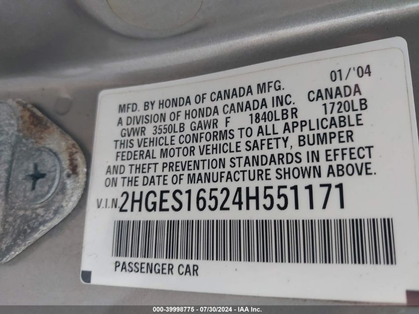 2004 Honda Civic Lx VIN: 2HGES16524H551171 Lot: 39998775