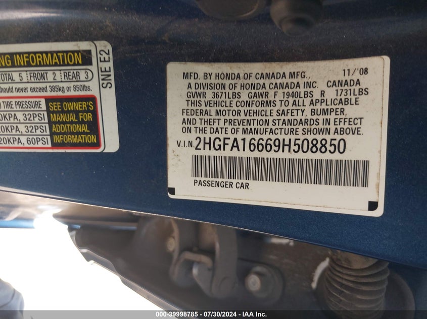 2009 Honda Civic Lx-S VIN: 2HGFA16669H508850 Lot: 39998785