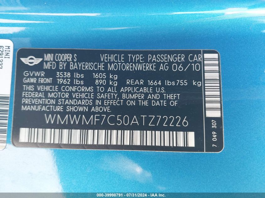 2010 Mini Cooper S VIN: WMWMF7C50ATZ72226 Lot: 39998791