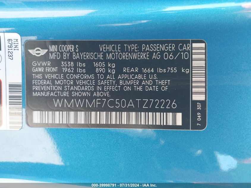 2010 Mini Cooper S VIN: WMWMF7C50ATZ72226 Lot: 39998791