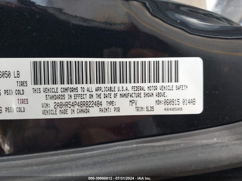 2008 Chrysler Town & Country Touring VIN: 2A8HR54P48R822484 Lot: 39998812