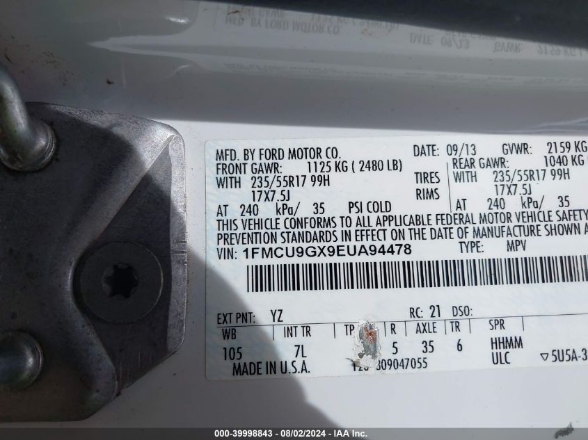 2014 Ford Escape Se VIN: 1FMCU9GX9EUA94478 Lot: 39998843