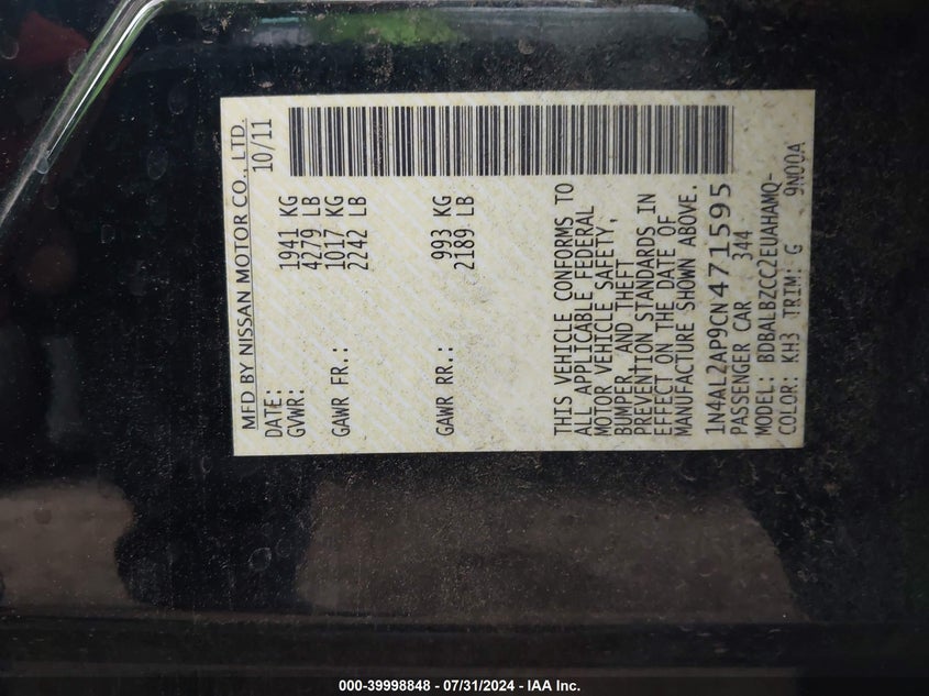 1N4AL2AP9CN471595 2012 Nissan Altima 2.5 S