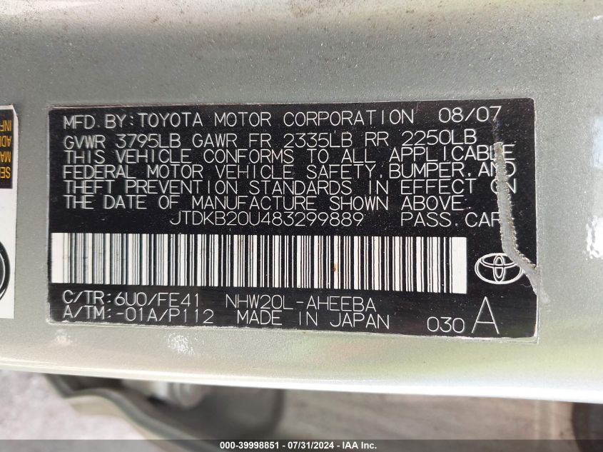 2008 Toyota Prius VIN: JTDKB20U483299889 Lot: 39998851