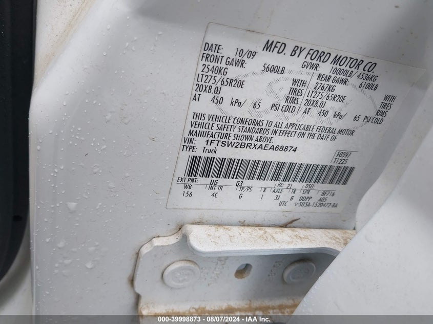 2010 Ford F-250 Lariat VIN: 1FTSW2BRXAEA68874 Lot: 39998873