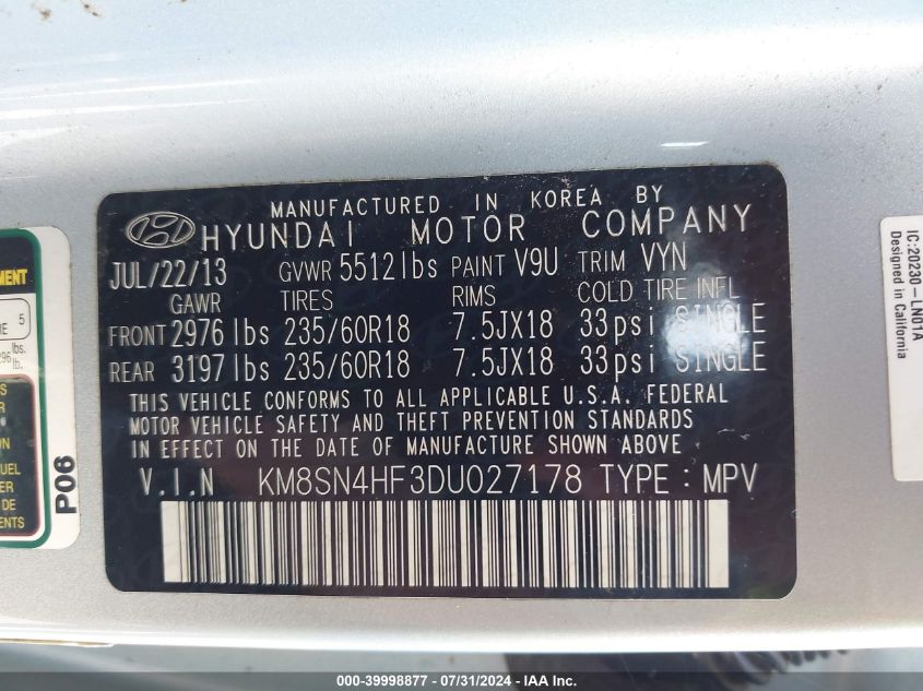 2013 Hyundai Santa Fe Gls VIN: KM8SN4HF3DU027178 Lot: 39998877
