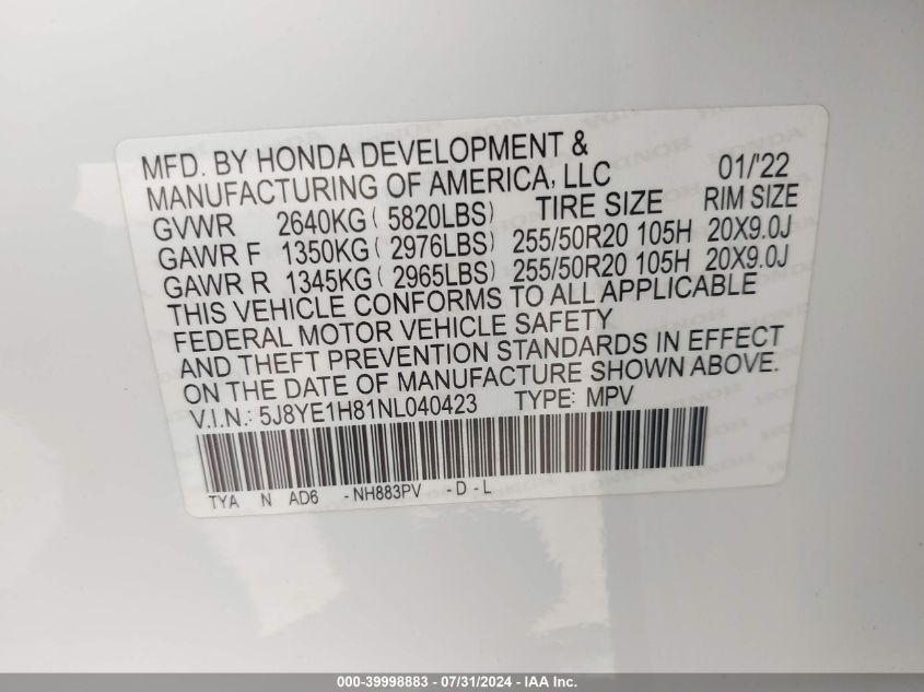 2022 Acura Mdx Advance Package VIN: 5J8YE1H81NL040423 Lot: 39998883