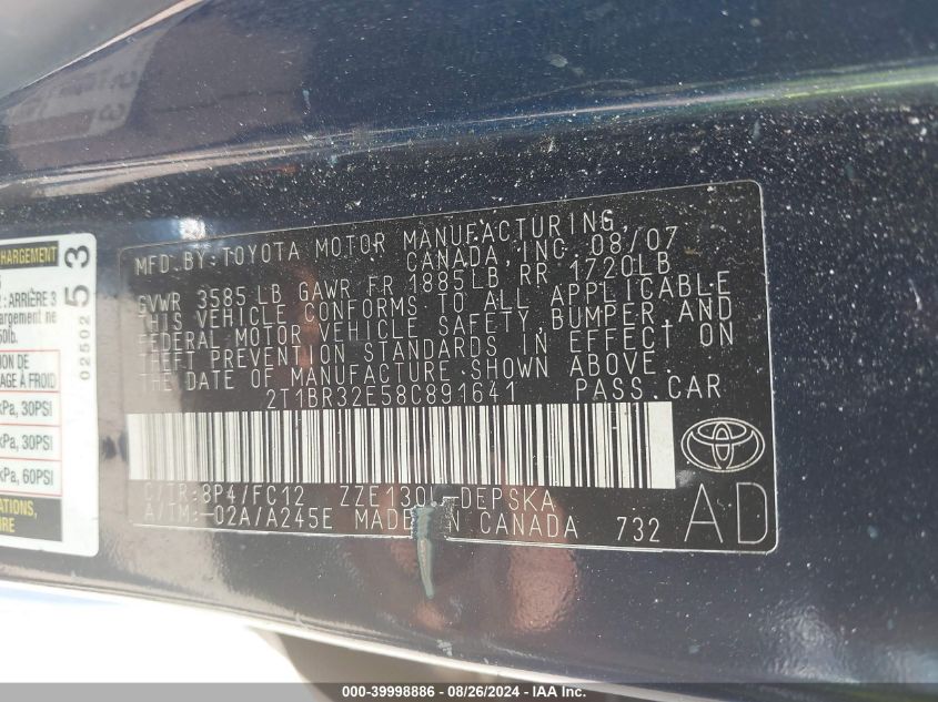 2008 Toyota Corolla S VIN: 2T1BR32E58C891641 Lot: 39998886