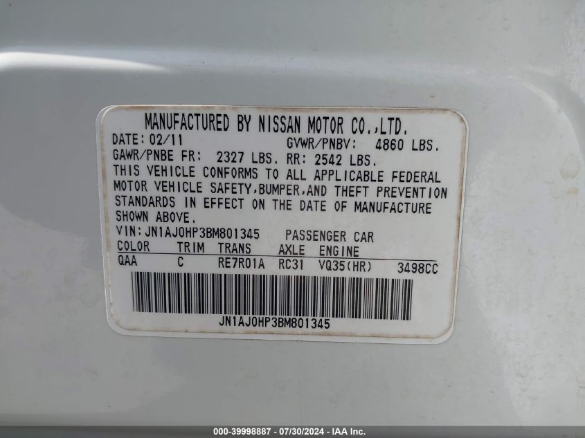 2011 Infiniti Ex35 Journey VIN: JN1AJ0HP3BM801345 Lot: 39998887