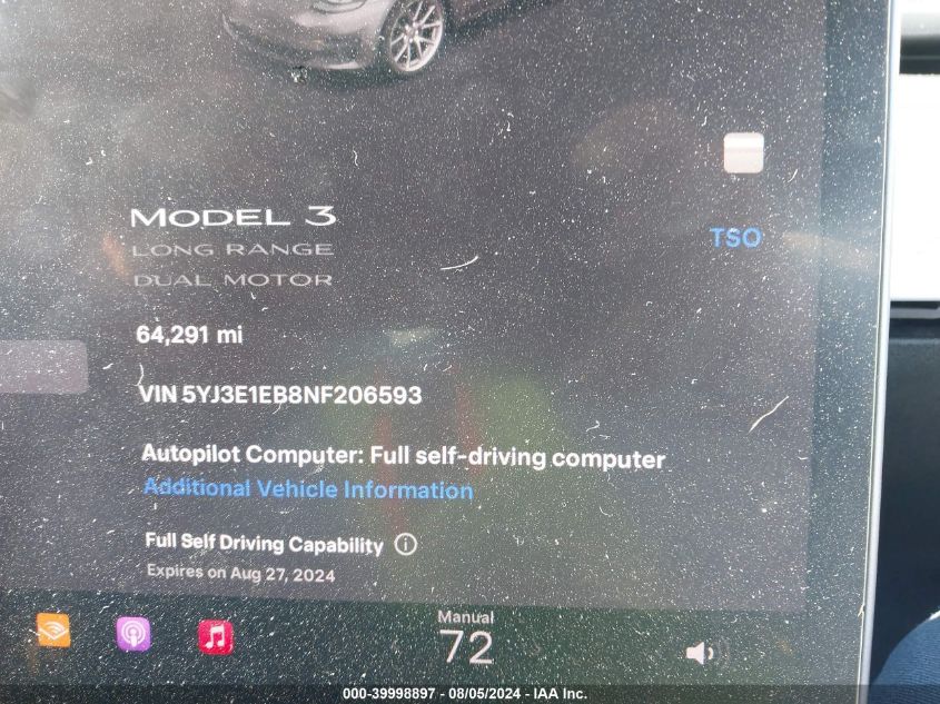 2022 Tesla Model 3 Long Range Dual Motor All-Wheel Drive VIN: 5YJ3E1EB8NF206593 Lot: 39998897