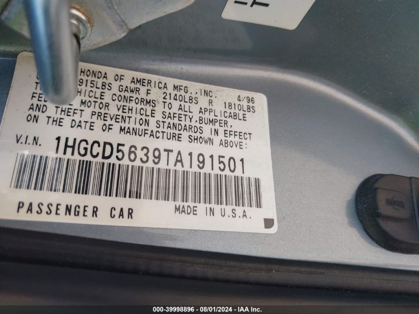 1996 Honda Accord Lx/Ex VIN: 1HGCD5639TA191501 Lot: 39998896