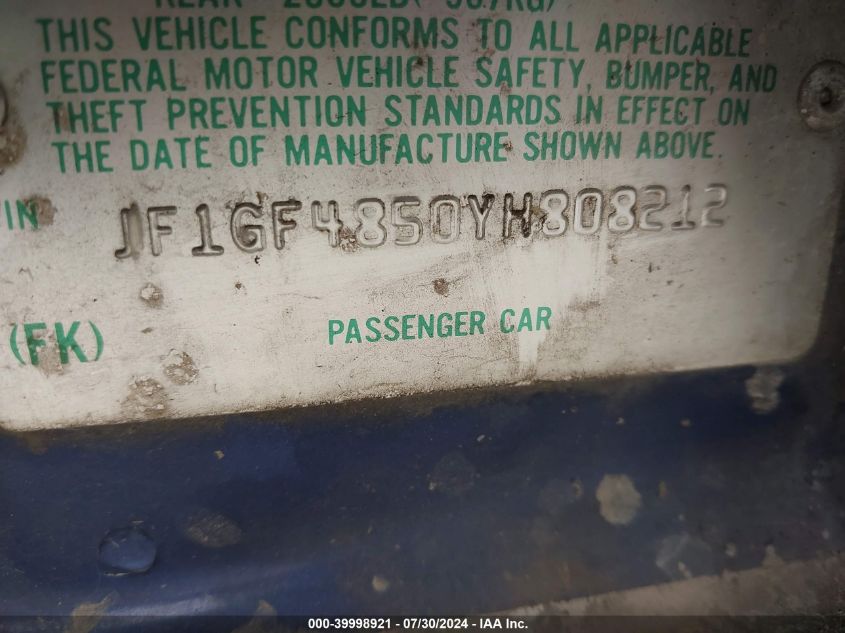 2000 Subaru Outback VIN: JF1GF4850YH808212 Lot: 39998921