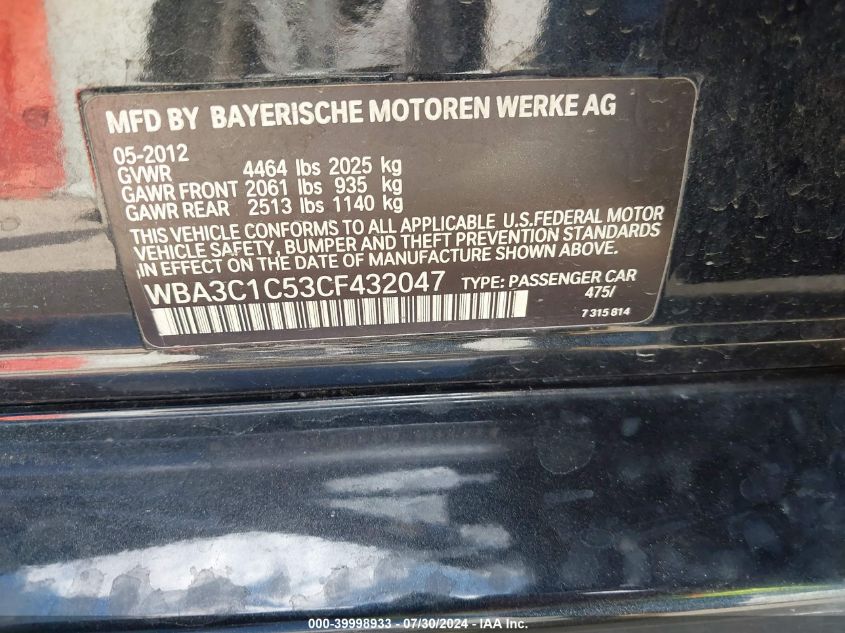 2012 BMW 328I VIN: WBA3C1C53CF432047 Lot: 39998933