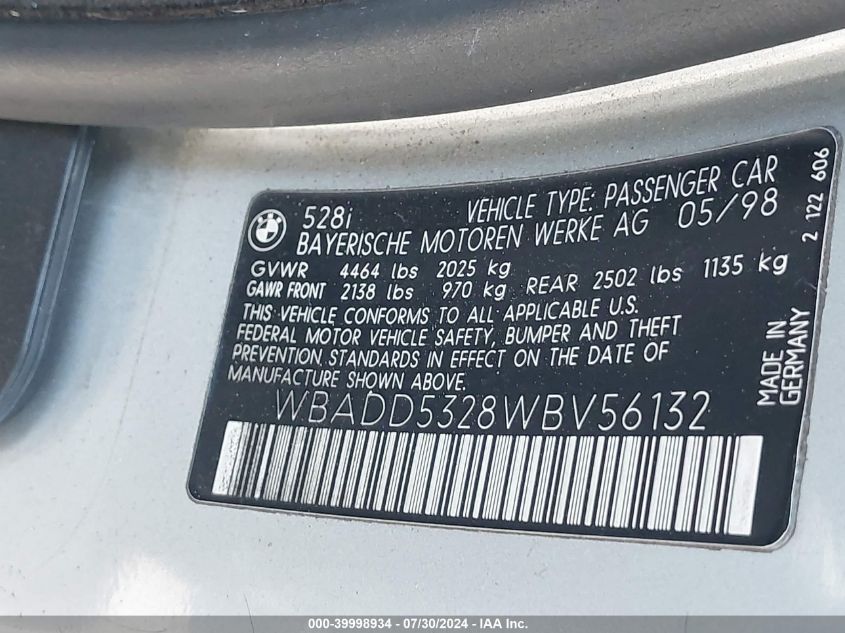 1998 BMW 528I VIN: WBADD5328WBV56132 Lot: 39998934