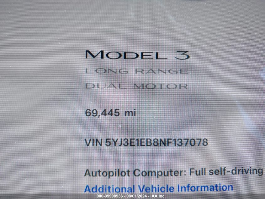 2022 Tesla Model 3 Long Range Dual Motor All-Wheel Drive VIN: 5YJ3E1EB8NF137078 Lot: 39998936