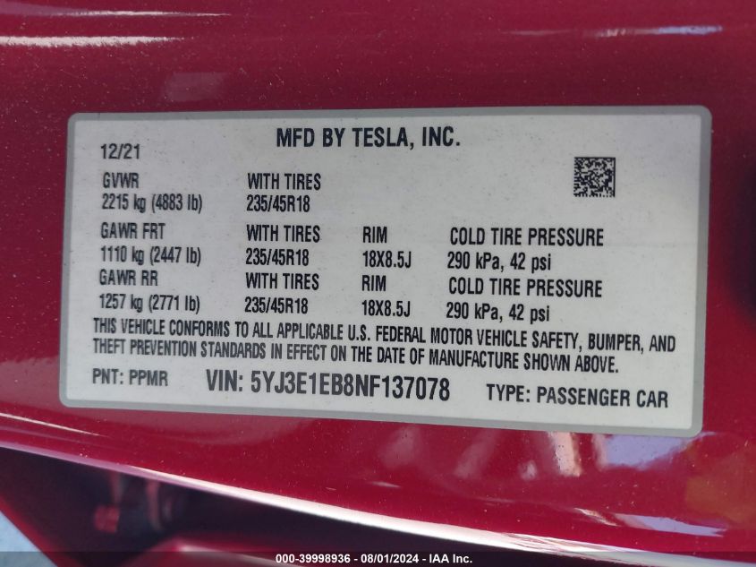 2022 Tesla Model 3 Long Range Dual Motor All-Wheel Drive VIN: 5YJ3E1EB8NF137078 Lot: 39998936