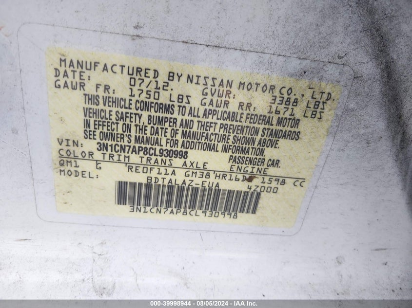 2012 Nissan Versa 1.6 S VIN: 3N1CN7AP8CL930998 Lot: 39998944