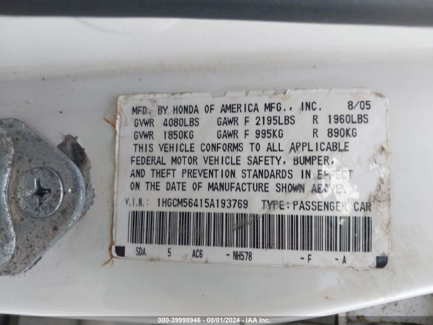 2005 Honda Accord 2.4 Lx VIN: 1HGCM56415A193769 Lot: 39998946