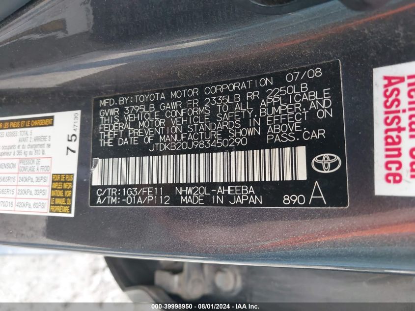 2008 Toyota Prius VIN: JTDKB20U983450290 Lot: 39998950