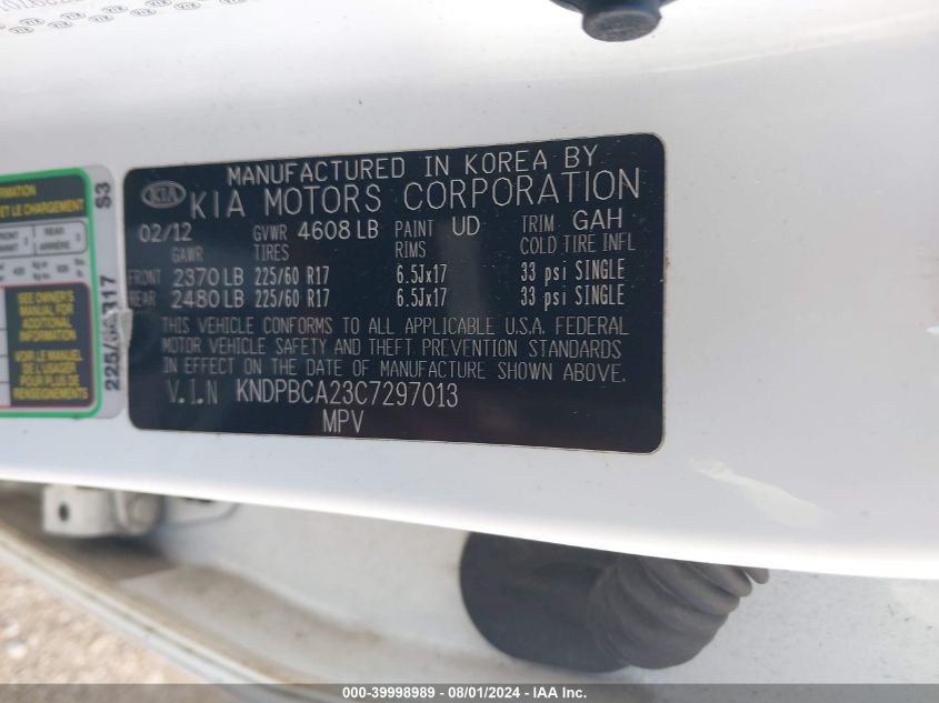 2012 Kia Sportage Lx VIN: KNDPBCA23C7297013 Lot: 39998989