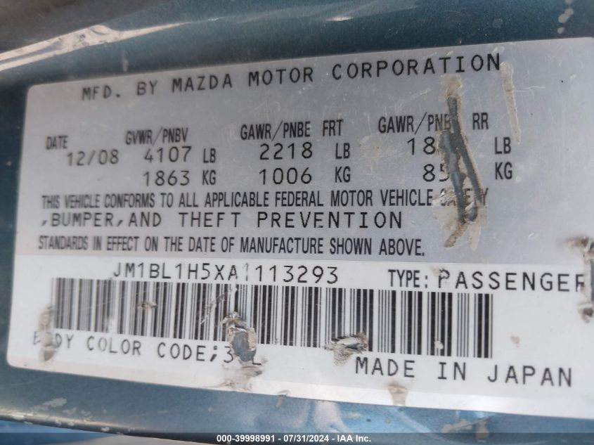 2010 Mazda Mazda3 S Sport VIN: JM1BL1H5XA1113293 Lot: 39998991