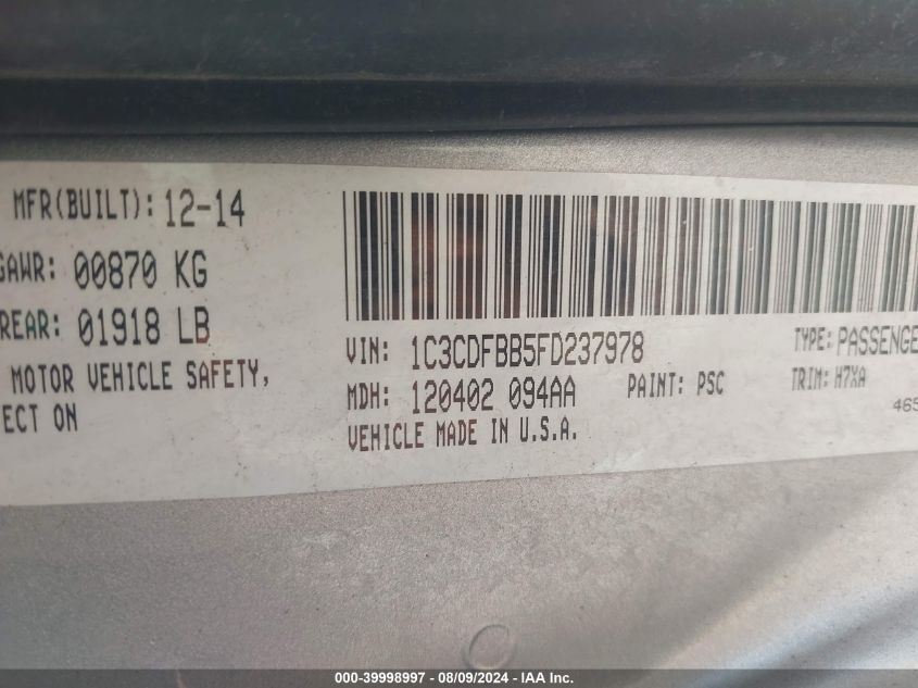 2015 Dodge Dart Sxt VIN: 1C3CDFBB5FD237978 Lot: 39998997