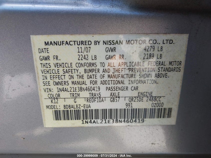 2008 Nissan Altima 2.5 S VIN: 1N4AL21E38N460419 Lot: 39999009