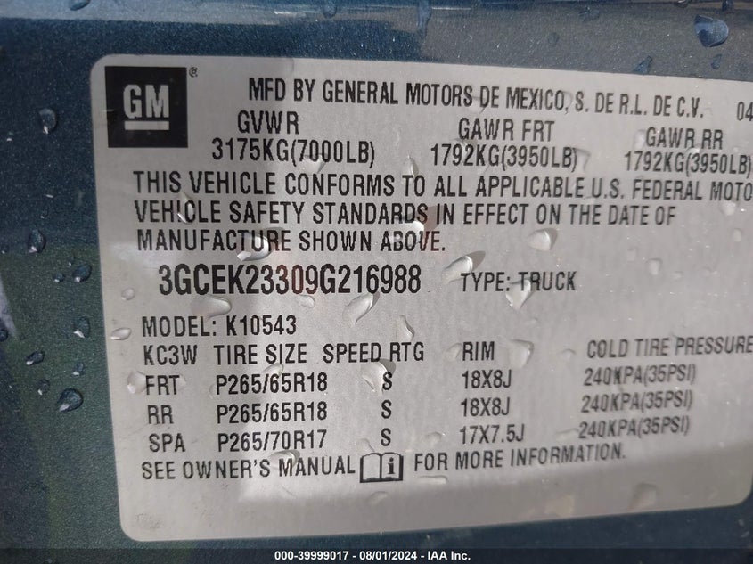 2009 Chevrolet Silverado 1500 Lt VIN: 3GCEK23309G216988 Lot: 39999017