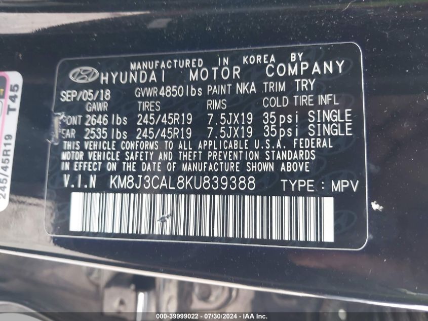 KM8J3CAL8KU839388 2019 Hyundai Tucson Sport