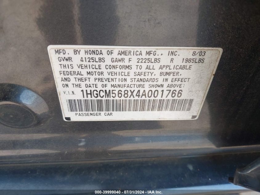 2004 Honda Accord 2.4 Ex VIN: 1HGCM568X4A001766 Lot: 39999040