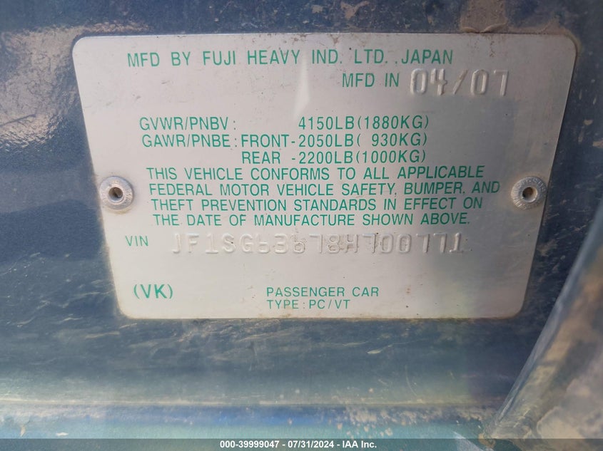 2008 Subaru Forester 2.5X VIN: JF1SG63678H700771 Lot: 39999047