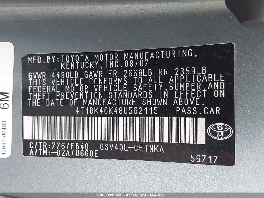 2008 Toyota Camry Le V6 VIN: 4T1BK46K48U562115 Lot: 39999059