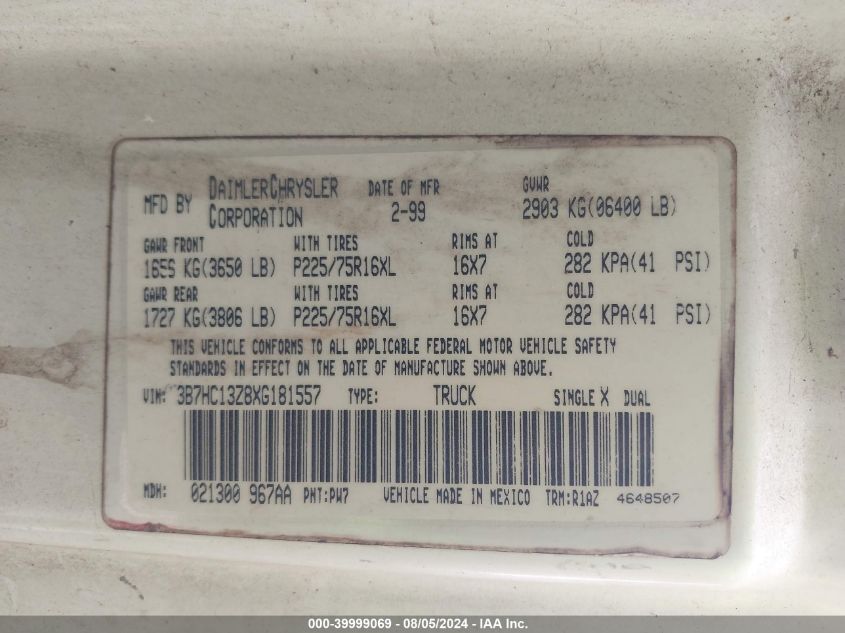 1999 Dodge Ram 1500 St VIN: 3B7HC13Z8XG181557 Lot: 39999069
