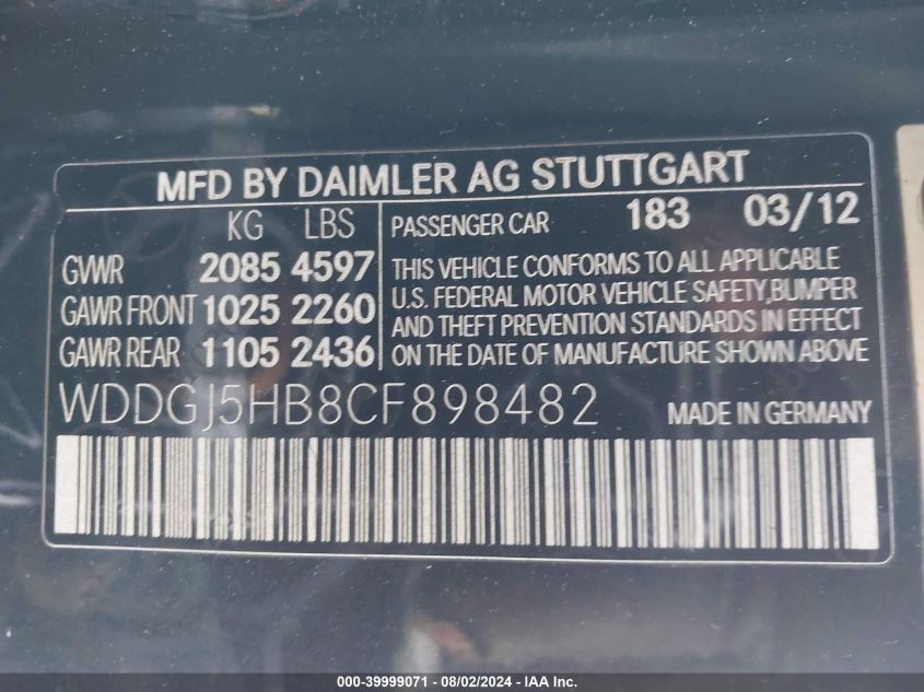 2012 Mercedes-Benz C 350 VIN: WDDGJ5HB8CF898482 Lot: 39999071