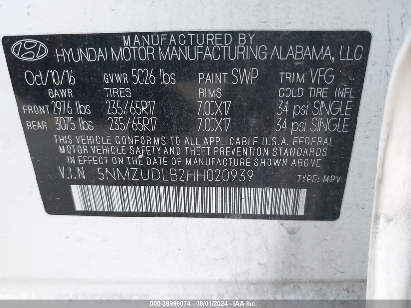 2017 Hyundai Santa Fe Sport 2.4L VIN: 5NMZUDLB2HH020939 Lot: 39999074