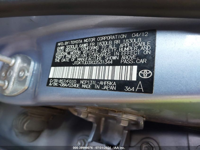 2012 Toyota Yaris VIN: JTDKTUD3XCD531344 Lot: 39999076