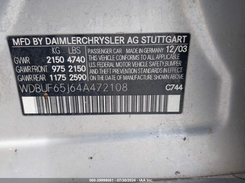 2004 Mercedes-Benz E 320 VIN: WDBUF65J64A472108 Lot: 39999081