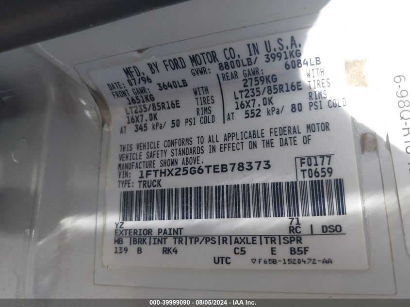 1996 Ford F250 VIN: 1FTHX25G6TEB78373 Lot: 39999090