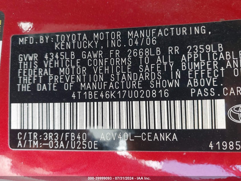 2007 Toyota Camry Le VIN: 4T1BE46K17U020816 Lot: 39999093