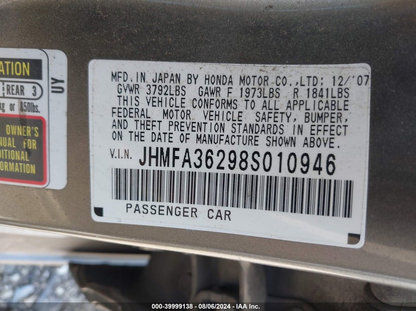 2008 Honda Civic Hybrid VIN: JHMFA36298S010946 Lot: 39999138