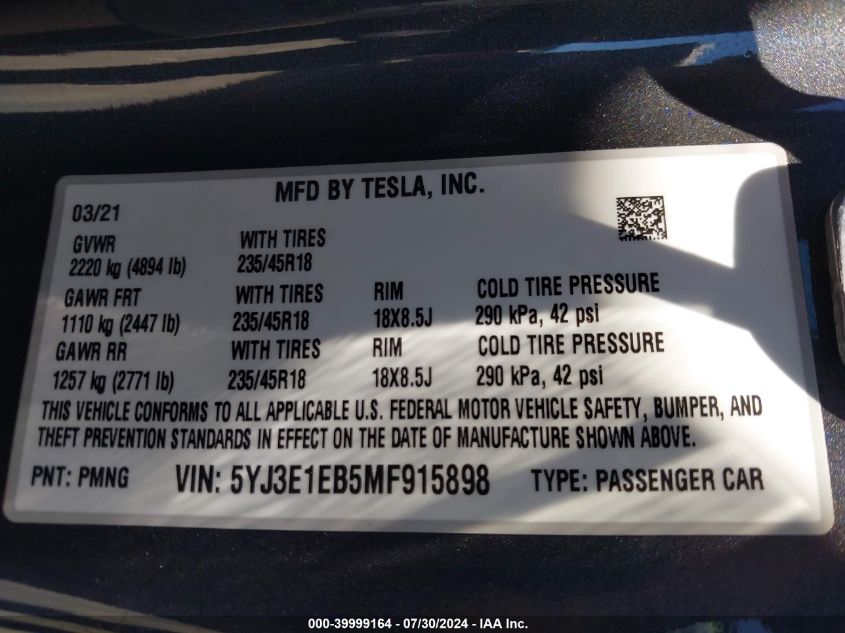 2021 Tesla Model 3 Long Range Dual Motor All-Wheel Drive VIN: 5YJ3E1EB5MF915898 Lot: 39999164