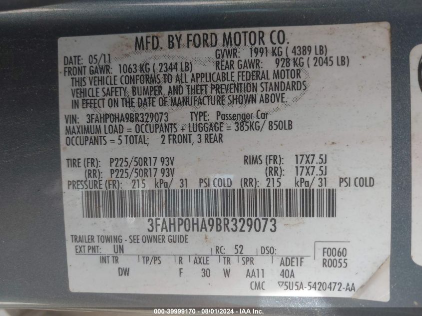 2011 Ford Fusion Se VIN: 3FAHP0HA9BR329073 Lot: 39999170