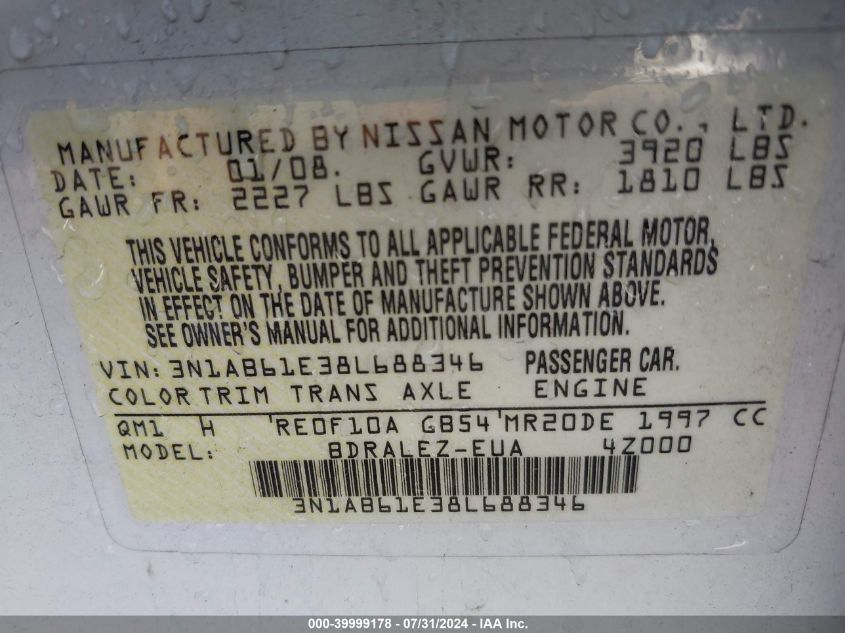 2008 Nissan Sentra 2.0S VIN: 3N1AB61E38L688346 Lot: 39999178