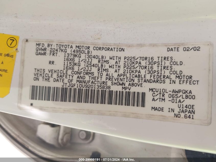 2002 Lexus Rx 300 VIN: JTJGF10U920135838 Lot: 39999191